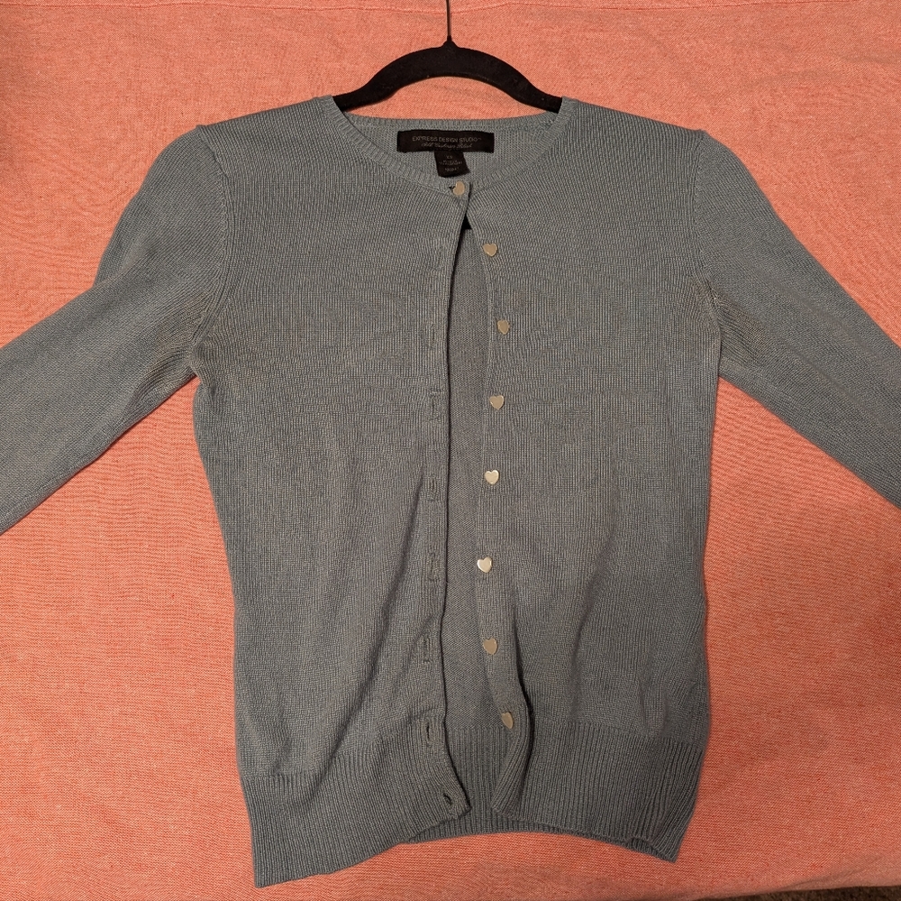 Silk Cashmere Blend Light Blue Cardigan with Heart Button